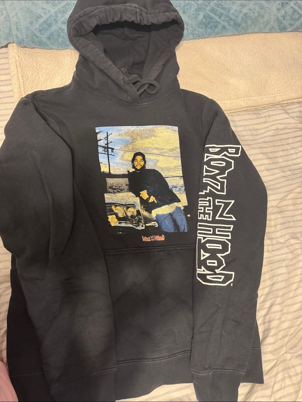 Black Graphic Pullover Hoodie with 'Boyz N The Hood' Sleeve Print